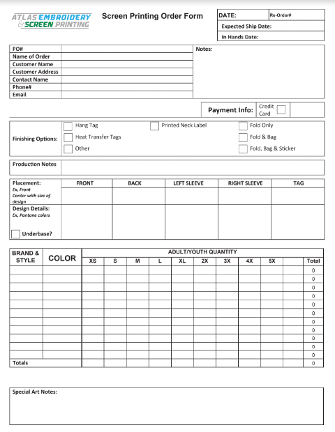 Screen Printing Order Form