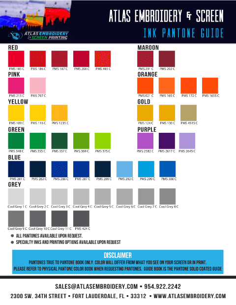 Standard Pantone Color Options